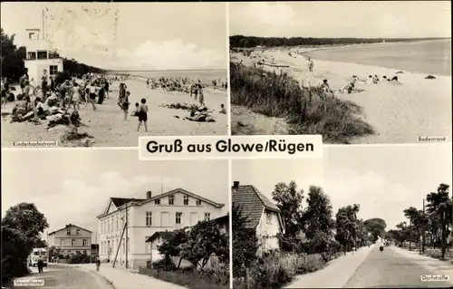 Ak Glowe auf Rügen, Kinderbadestrand, Strandhotel, Dorfstraße