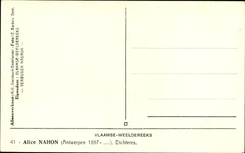Ak Flämische Dichterin Alice Nahon, Portrait