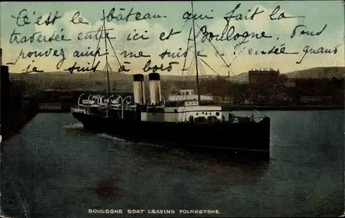 Ak Folkestone Kent South East England, Boulogne Boat leaving