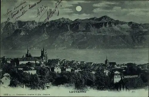 Mondschein Ak Lausanne Kanton Waadt, Panorama vom Ort und Berge