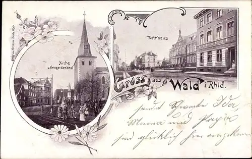 Litho Wald im Rheinland Solingen, Kirche, Kriegerdenkmal, Rathaus