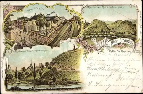 Litho Wetter an der Ruhr, Hotel Strandes, Ruhrtal, Ruine Volmarstein, Harkortturm