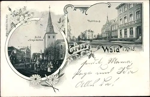 Litho Wald im Rheinland Solingen, Kirche, Kriegerdenkmal, Rathaus