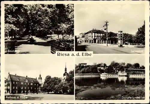 Ak Riesa an der Elbe Sachsen, Stadtpark, Leninplatz, Rathaus, Kirche, Dampferlandeplatz