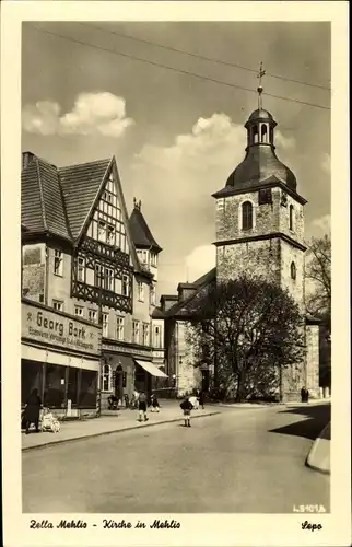 Ak Zella Mehlis im Thüringer Wald, Kirche, Geschäft Georg Bark, Sepo