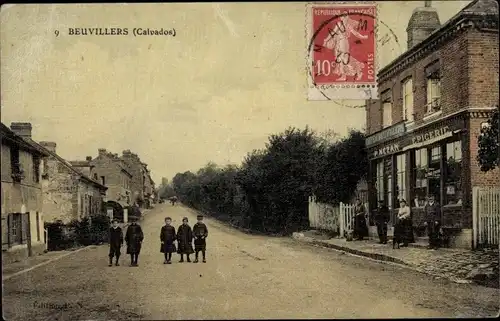 Ak Beuvillers Calvados, Straßenpartie, Kinder, Lebensmittelgeschäft