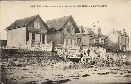 Ak Asnelles Calvados, Reconstruction de digues après la tempete de février 1906