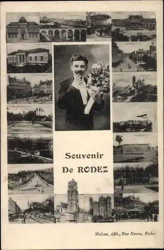 Ak Rodez Aveyron, Stadtbilder, Mann mit Blumenstrauß, Souvenir