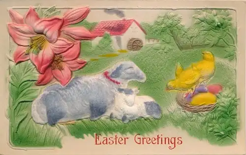 Relief Ak Glückwunsch, Ostern, Schafe, Küken, Ostereier, Blumen