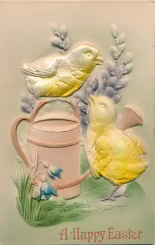 Relief Ak Glückwunsch, Ostern, Küken, Weidenkätzchen, Gießkanne