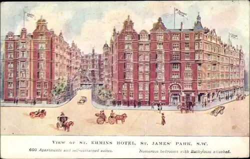 Künstler Ak London City, View of St. Ermins Hotel, St. James Park