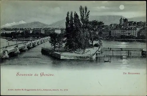 Mondschein Ak Genève Genf Schweiz, Ile Rousseau