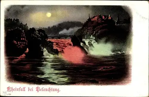 Mondschein Ak Rheinfall Kanton Schaffhausen, Abendstimmung, Brücke, Eisenbahn, Schloss