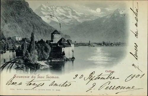 Mondschein Ak Veytaux Kanton Waadt, Chateau de Chillon, Lac Leman