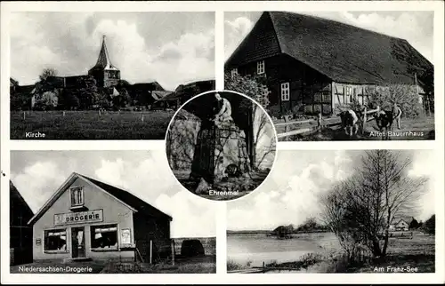 Ak Mandelsloh Neustadt am Rübenberge, Kirche, Altes Bauernhaus, Niedersachsen Drogerie, Franzsee