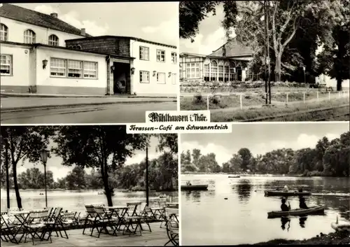 Ak Mühlhausen in Thüringen, Terrassen Cafe am Schwanenteich, Ruderboote