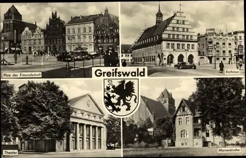 Wappen Ak Hansestadt Greifswald, Rathaus, Theater, Marienkirche, Platz der Freundschaft