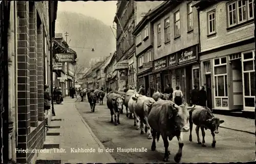 Ak Friedrichroda im Thüringer Wald, Kuhherde in der Hauptstraße, Geschäfte