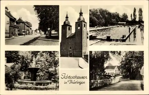 Ak Ichtershausen Amt Wachsenburg, Kirche, Schwimmbad, Brunnen