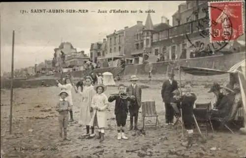 Ak Saint Aubin sur Mer Calvados, Jeux d'Enfants sur le sable