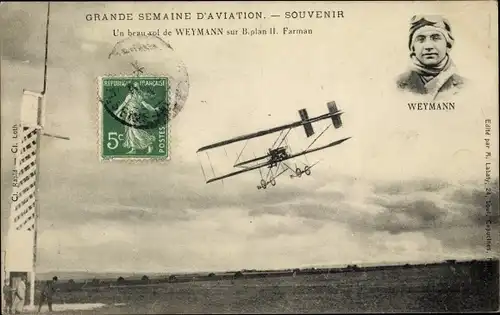 Ak Grande Semaine d'Aviation, Aviateur Weymann sur Biplan H. Farman