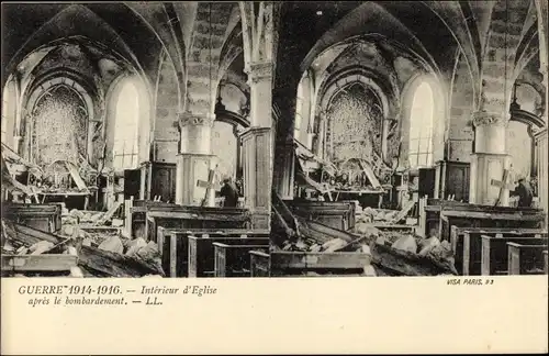 Stereo Ak Frankreich, Interieur d'Eglise apres le bombardement, Kriegszerstörungen, I WK