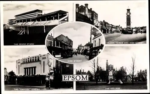 Ak Epsom Surrey South East England, Grand Stand, High Street, Clock Tower, Capitol Cinema