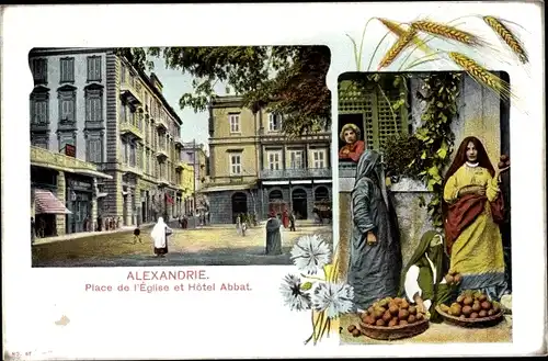Ak Alexandria Ägypten, Place de l'Eglise et Hotel Abbat, Händler
