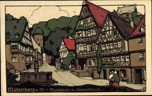 Steindruck Ak Miltenberg am Main in Unterfranken, Marktplatz, Schnatterloch