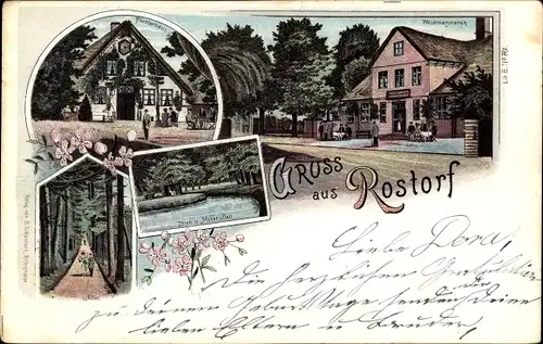 Litho Rosdorf in Schleswig Holstein, Försterhaus, Allee, Teich, Mooshütten, Weidmannsruh