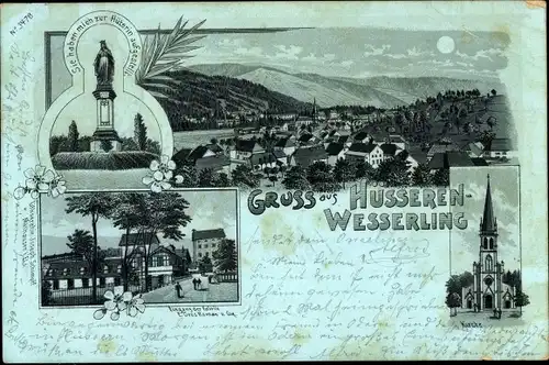 Mondschein Litho Husseren Wesserling Hüsseren Wesserling Elsass Haut Rhin, Fabrik, Kirche, Statue