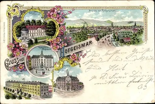 Litho Hofgeismar in Nordhessen, Prediger Seminar, Rathaus, Progymnasium, Kaserne, Postamt