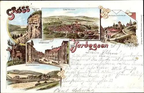 Litho Hardegsen in Niedersachsen, Hühnsche Burg, Langestraße, Bahnhofstraße, Panorama