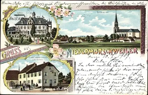 Litho Morschwiller le Bas Niedermorschweiler Elsass Haut Rhin, Schloss, Gasthaus zur Krone, Kirche