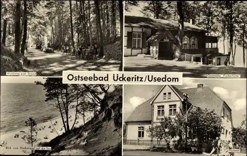 Ak Ostseebad Ückeritz auf Usedom, Gaststätte Fischerhütte, Postamt, Waldweg zum Strand