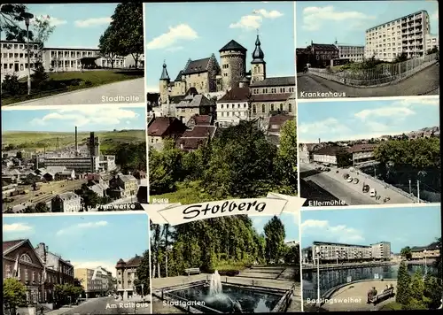 Ak Stolberg im Rheinland, Burg, Krankenhaus, Ellermühle, Stadtgarten, Prymwerke, Stadthalle