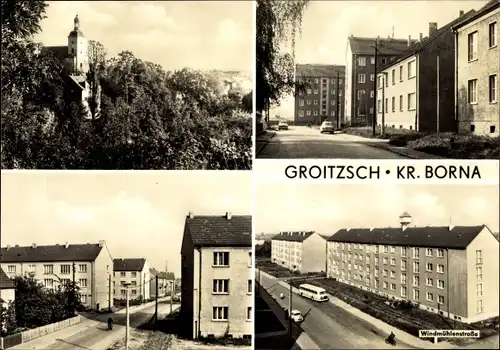 Ak Groitzsch in Sachsen, Windmühlenstraße, Kirche, Wohnblöcke