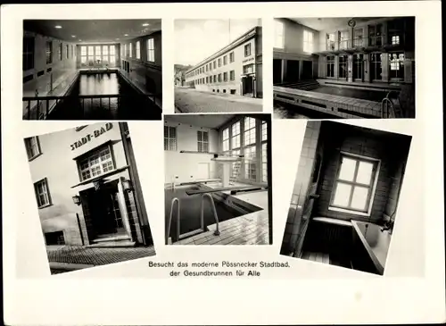 Ak Pößneck in Thüringen, Stadtbad, Aussen- und Innenansicht