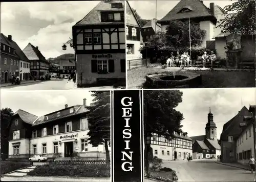 Ak Geising Altenberg Osterzgebirge, Geisinghof, Sparkasse, Kirche