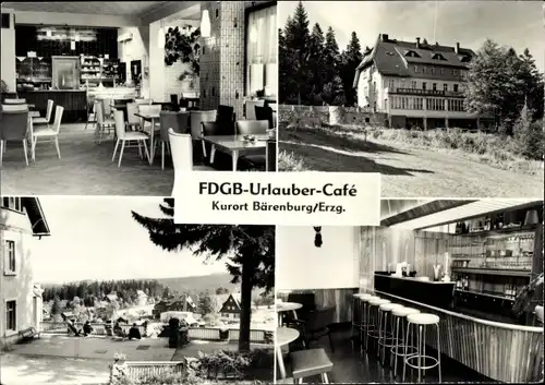 Ak Bärenburg Altenberg im Erzgebirge, FDGB Urlauber Café, Aussen- und Innenansicht