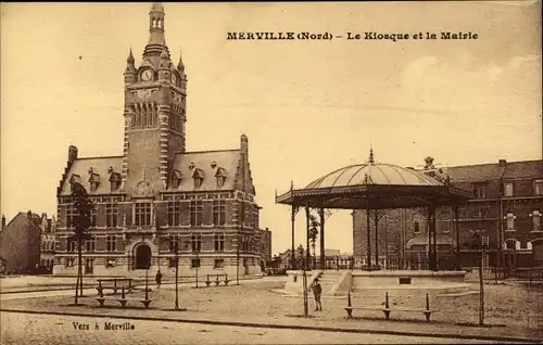 Ak Merville Nord, Le Kiosque et la Mairie