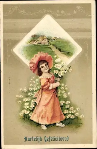 Präge Ak Glückwunsch, Mädchen mit Margeriten