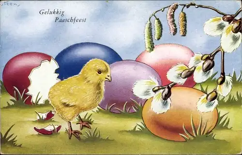 Ak Glückwunsch Ostern, Osterküken und Ostereier