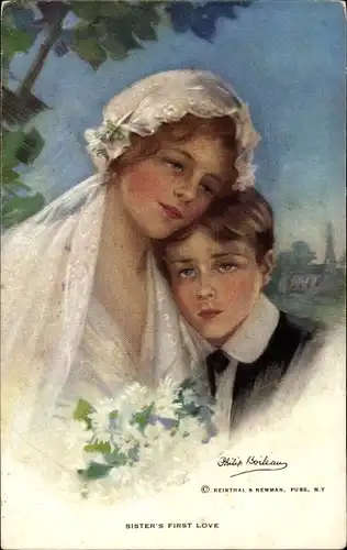 Künstler Ak Boileau, P., Sister's first Love, Junge Frau in Hochzeitskleidung und ihr Bruder