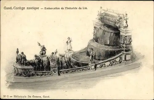 Litho Gand Gent Ostflandern, Embarcation de l'Industrie du Lin, Cortege Nautique 18.06.1905