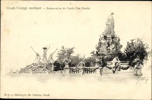 Litho Gand Gent Ostflandern, Embarcation du Cercle van Houtte, Cortege Nautique 18.06.1905