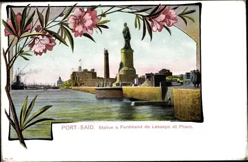 Passepartout Ak Port Said Ägypten, Statue Ferdinand de Lesseps et Phare