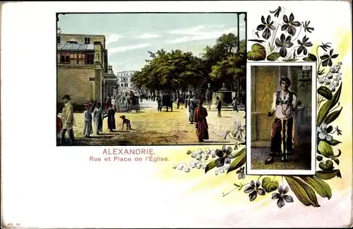 Passepartout Ak Alexandria Ägypten, Rue et Place de l'Eglise