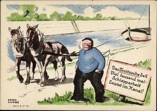 Künstler Ak Lüdke, E., Berlin Tempelhof, Seil- und Kabelwerke F. Troitzsch, Pferde, Treidelpfad