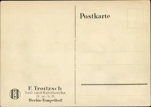 Künstler Ak Lüdke, E., Berlin Tempelhof, Seil- und Kabelwerke F. Troitzsch, Flugzeug